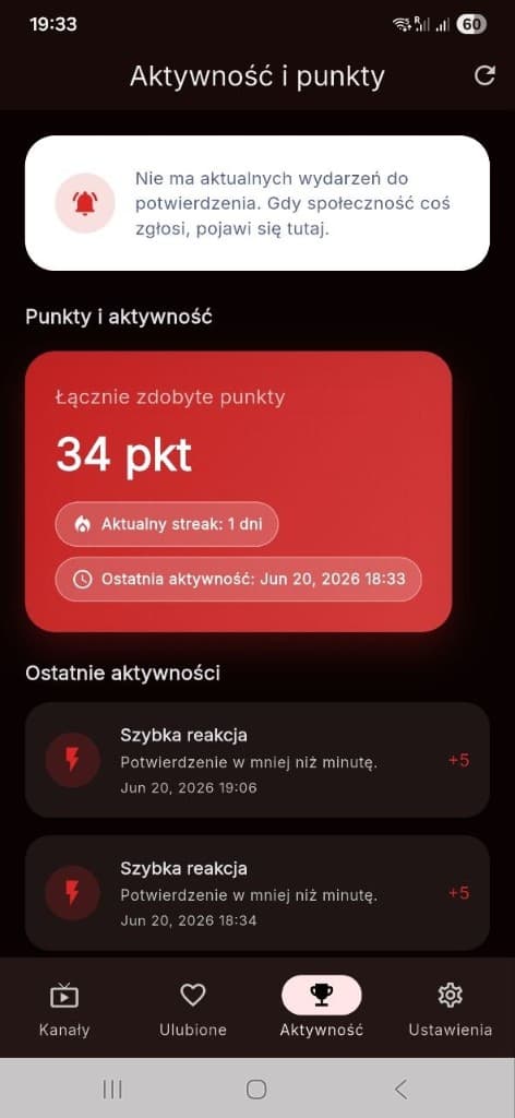 Ekran Aktywność i punkty w aplikacji BackOn.tv