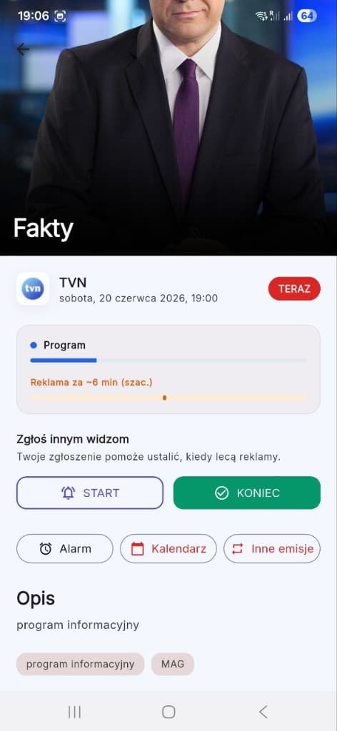 Ekran programu Fakty w aplikacji BackOn.tv — pasek reklam i zgłoszenia