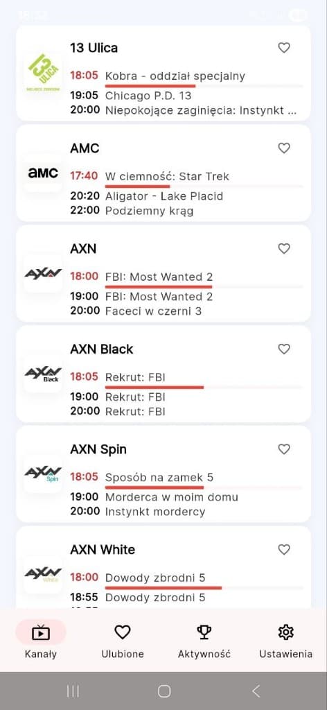 Aplikacja BackOn.tv — program TV z listą kanałów (jasny motyw)