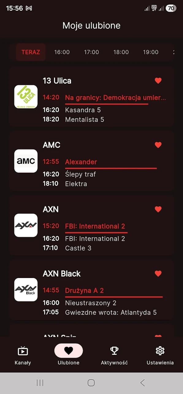 Aplikacja BackOn.tv — monitoring przerwy reklamowej na smartfonie (ciemny motyw)