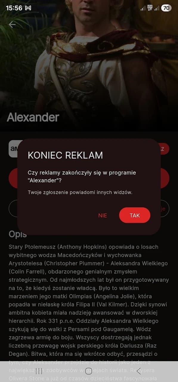 Powiadomienie push o zakończeniu reklam w BackOn.tv