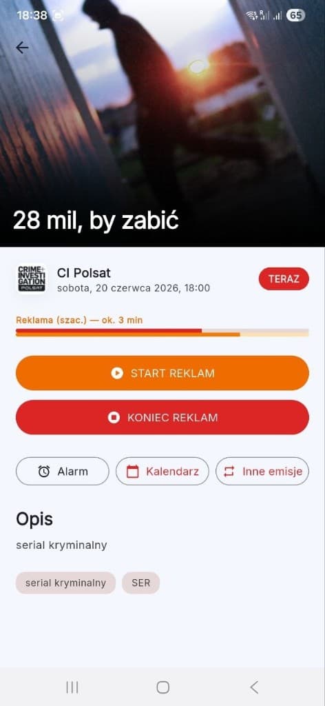 Ekran monitoringu reklam — jasny widok z paskiem postępu przerwy